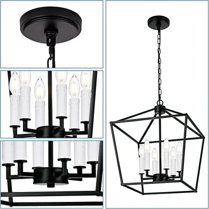 MELUCEE Rustic Open Cage Chandelier 6 Lights in Black Farmhouse Lantern Hanging Ceiling Light Large Pendant Light with White Candle-Shaped Socket for Hallway Dining Room Kitchen Island, E12 Base