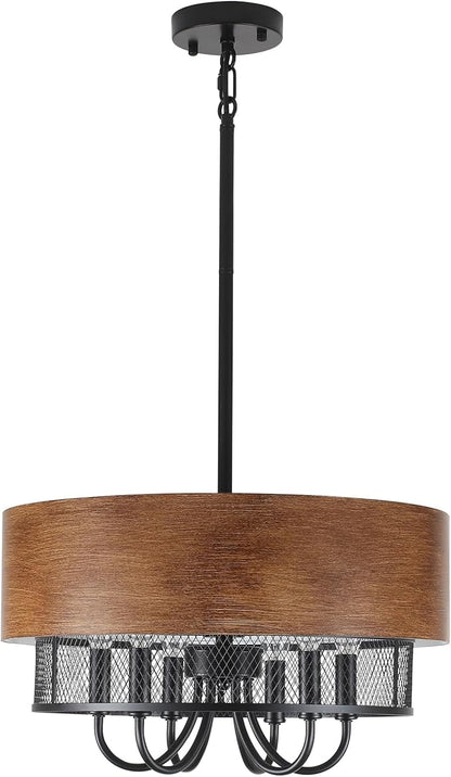 Farmhouse Drum Chandelier for Dining Room, 18" Rustic Black Chandelier with Wood Grain Finish, 6-Light Round Drum Hanging Chandelier Light Fixture for Entryway, Foyer, Living Room, Kitchen, Bedroom