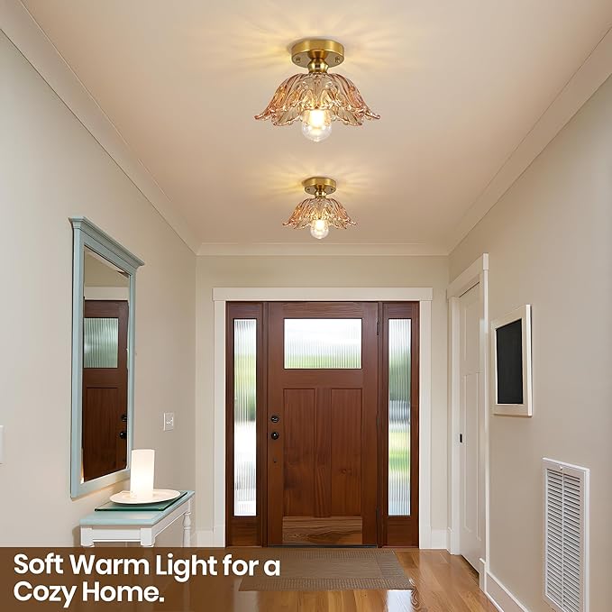 Vintage Semi Flush Mount Ceiling Light, Glass Semi Flush Mount Ceiling Light with Amber Floral Glass Shade, Gold Metal E26 Vintage Flush Mount Ceiling Light for Kitchen Dining Room Bedroom Hallway