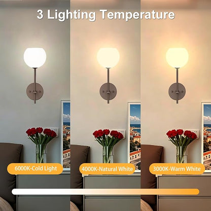 Brown Battery Operated Wall Sconces Set of 2, Rechargeable Wireless Wall Lights with Milky White Frosted Glass, 12 RGB and 3CCT Dimmable Wall Lamps with Remote for Bedroom Living Room Hallway