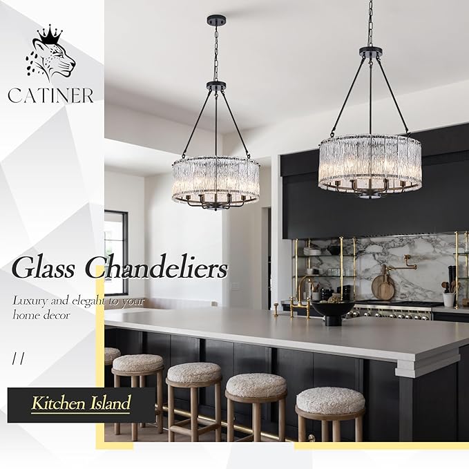 CATINER Black Drum Chandelier 6-Light Modern Crystal Glass Chandeliers 20" Luxury Ceiling Pendant Light Fixture for Entryway Foyer Dining Room Bedroom Kitchen