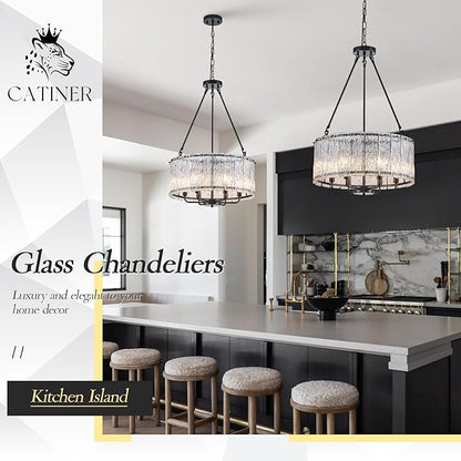 CATINER Black Drum Chandelier 6-Light Modern Crystal Glass Chandeliers 20" Luxury Ceiling Pendant Light Fixture for Entryway Foyer Dining Room Bedroom Kitchen