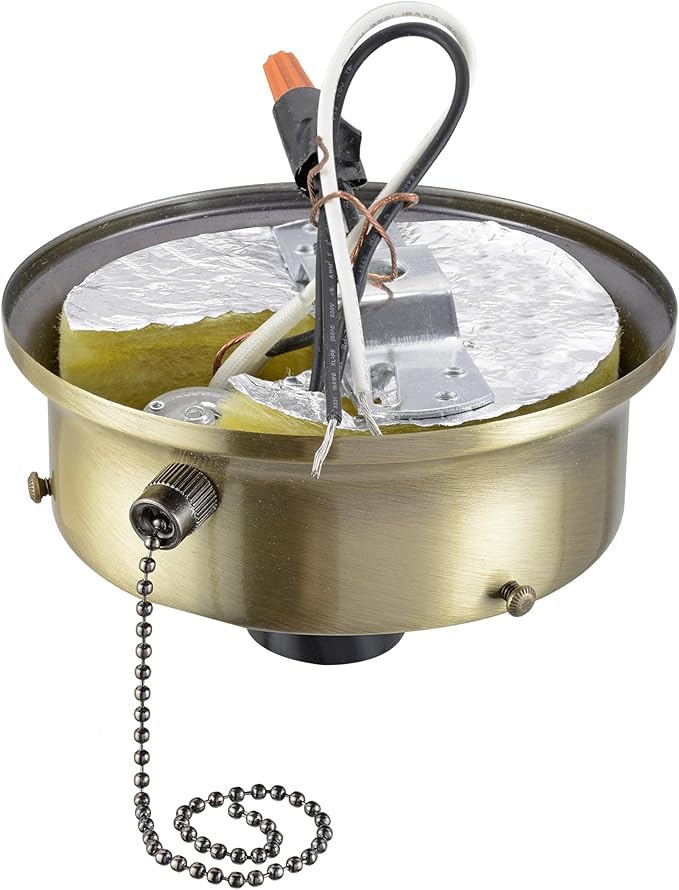 Aspen Creative 22104-07-1, Flush Mount Ceiling Fixture Shade Holder Kit with On/Off Pull Chain Switch in Antique Brass Finish 4-1/2" Fitter, 5" Diameter x 1-3/4" Height
