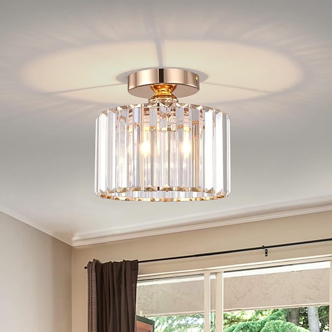 BUXVRCS Semi Flush Mount Modern Chandelier, Crystal Ceiling Light Fixture, Small Close to Ceiling Light for Living Room, Bedroom, Hallway, Bathroom, Kitchen, Entryway (Gold)