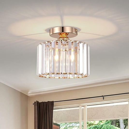 BUXVRCS Semi Flush Mount Modern Chandelier, Crystal Ceiling Light Fixture, Small Close to Ceiling Light for Living Room, Bedroom, Hallway, Bathroom, Kitchen, Entryway (Gold)