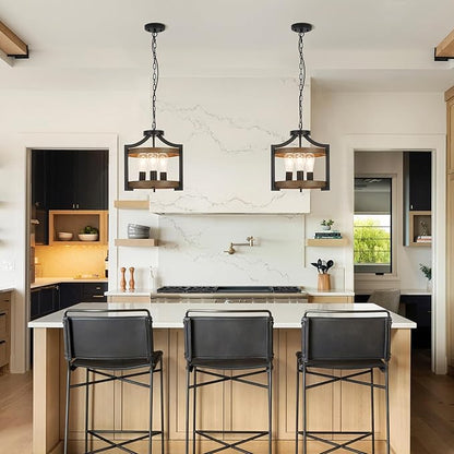 3-Light Farmhouse Chandelier, 14.17" Black Metal Faux Wood Pendant Light Fixtures, Hanging or Semi Flush Mount Rustic Chandelier for Dining Room, Foyer, Living Room, Kitchen