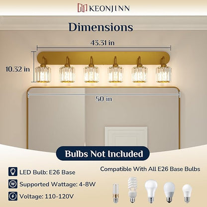 Keonjinn 6-Light Bathroom Light Fixtures, Crystal Gold Bathroom Vanity Lights Over Mirror, Vanity Lighting Fixtures with Crystal Square Shades (E26 Socket, Exclude Bulb)