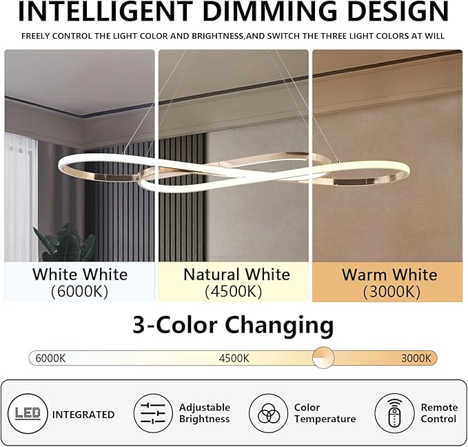 Dimmable Pendant Light for Kitchen Island Lighting,29.53" Modern LED Chandelier, LED Pendant Light with Adjustable Height, Gold Modern Kitchen Chandeliers for Kitchen Island, Dining Room with Remote