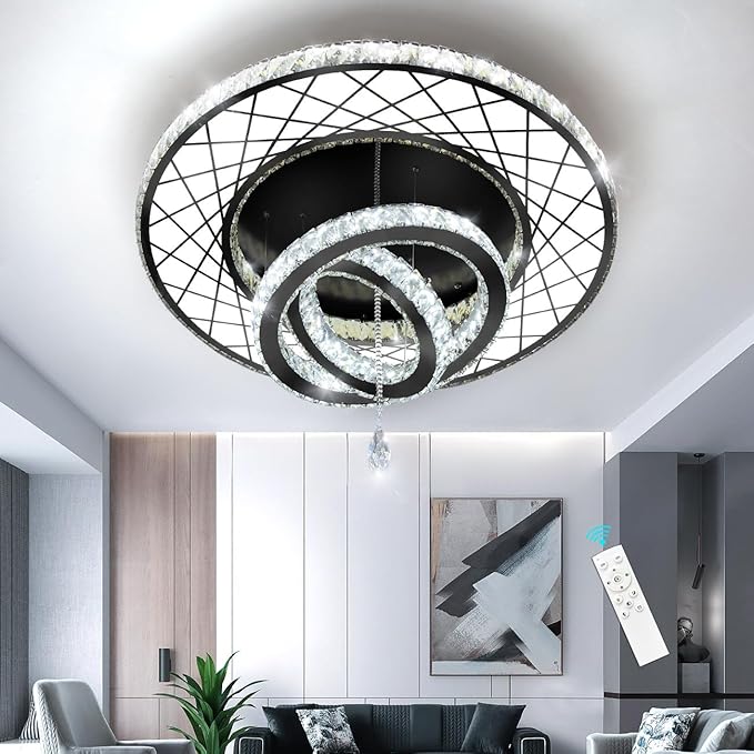 HAIXIANG Crystal Glam Chandelier LED Ceiling Light Dining Bedroom Interior Lighting Fixtures Remote Dimmable Ceiling Chandeliers 24 Inches Black Light
