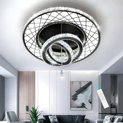 HAIXIANG Crystal Glam Chandelier LED Ceiling Light Dining Bedroom Interior Lighting Fixtures Remote Dimmable Ceiling Chandeliers 24 Inches Black Light