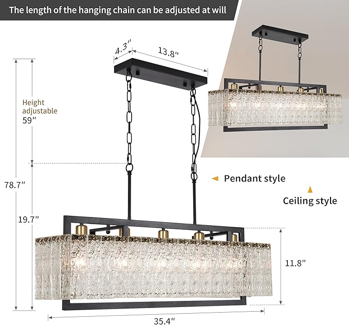 Black Crystal Chandeliers for Dining Room, 35.4" Modern Chandelier for Living Room,Water Ripple Glass Design, Adjustable Height, Rectangle Hanging Light Fixture for Living Room Kitchen Island