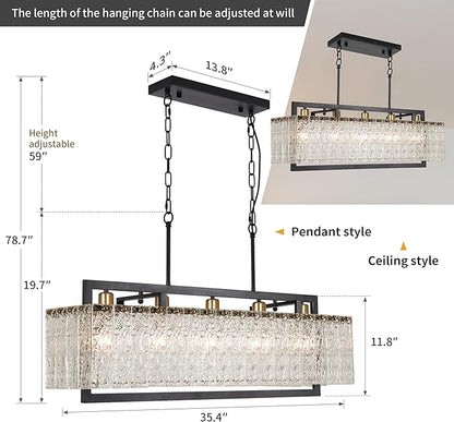 Black Crystal Chandeliers for Dining Room, 35.4" Modern Chandelier for Living Room,Water Ripple Glass Design, Adjustable Height, Rectangle Hanging Light Fixture for Living Room Kitchen Island
