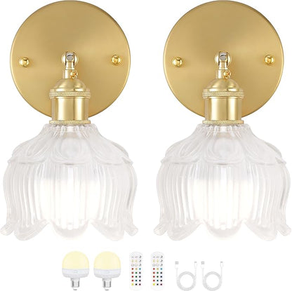Vintage Battery Wall Sconce with Flower lampshade,Rechargeable Battery Powered Wall Lights,Wall lamp with 15 Colors for Bedroom Living Room Home Decor (Flower White, 2 Light Battery Operated)