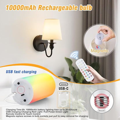 Battery Operated Wall Sconce Set of 2,Rechargeable Wall Sconce with 10000mAh Dimmable Bulb and Remote,LED 15 Colors Black Wireless Battery Powered Wall Lamp with Fabric for Bedroom Living Room