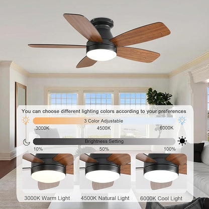 JSAITEE Ceiling Fans with Lights, 42 Inch Low Profile Ceiling Fan with Light and Remote/App Control, Flush Mount, Reversible, 3CCT, Dimmable, Noiseless, Brown Ceiling Fan for Indoor/Outdoor Use