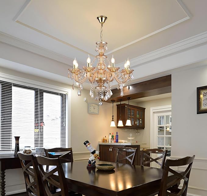 8-Light Amber Crystal Chandelier, K9 Crystal Modern Luxurious Crystal Candle Pendant Light, Luxury Crystal Ceiling Light Fixtures for Living Room, Kitchen, Dining Room (8 Lights)