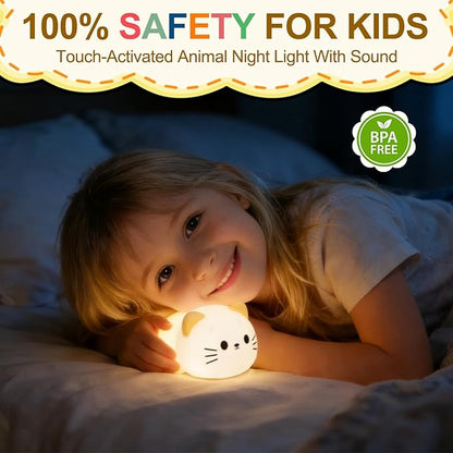 Cat Night Light & Lamp for Baby Nursery - Soft Lying Kitty Nightlight, Dimmable and 7 RGB Colors, Switchable Animal Sound,Rechargeable BPA-Free,Good for Room Decor,Valentines Day, Holiday Gifts