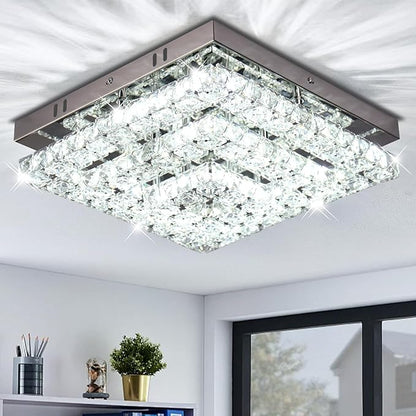 11.8" Crystal Chandelier LED Crystal Flush Mount Ceiling Light Modern Chandeliers Square Ceiling Light for Bedrooms Hallway Kitchen Office (6500K Cool White) Without Remote Control