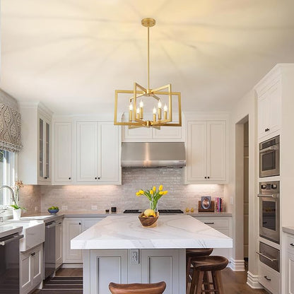 6-Light Gold Chandelier, Farmhouse Dining Room Light Fixture, 21.3in Modern Chandelier, Geometric Industrial Metal Hang Lighting Fixture for Foyer Entryway Kitchen Over Table Hallway Living Room