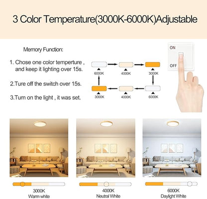 12 Inch Wood Grain Flush Mount Ceiling Light Fixture, Modern 22W Round Flat Overhead 3000K-4000K-6000K Selectable LED Ceiling lamp for Bedroom, Living Room, Kitchen, Entryway, Office