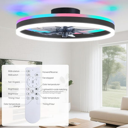 16 Inch RGB Low Profile Ceiling Fans with Lights, Modern Flush Mount Fandelier Chandelier Fixture, Remote & APP Control, Black LED Ceiling Fan Light for Bedroom, Living Room, Kitchen Indoor