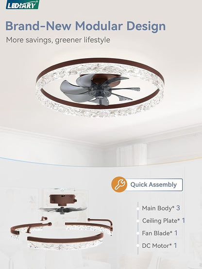 LEDIARY 20" Modern Ceiling Fans with Lights and Remote, Dimmable Low Profile Ceiling Fan, Flush Mount Ceiling Fan, Stepless Color Temperature Change and 6 Speeds - Brown