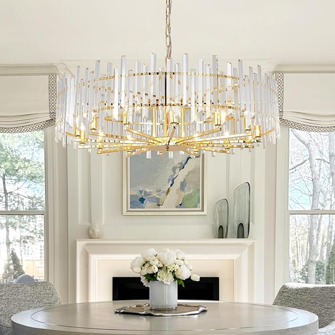Gold Crystal Chandeliers for Dining Room, 39.4" Modern Round Chandelier Large Adjustable Height Ceiling Hanging Pendant Light Fixture for Dining Living Room Bedroom