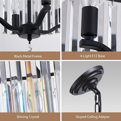 Black Crystal Chandeliers for Dining Room, 4-Light Modern Round Chandeliers 15.7" for Living Room Kitchen Hallway Bedroom Foyer Hall, Adjustable Height Hanging Light Fixture