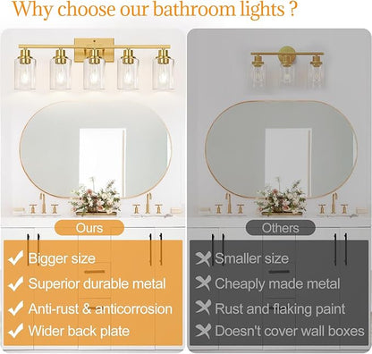 Indoi 5-Light Bathroom Vanity Light with Clear Glass Shades, Brushed Gold Bathroom Light Fixtures Over Mirror, Modern Vanity Light for Mirror Living Room Cabinet Bedroom Porch