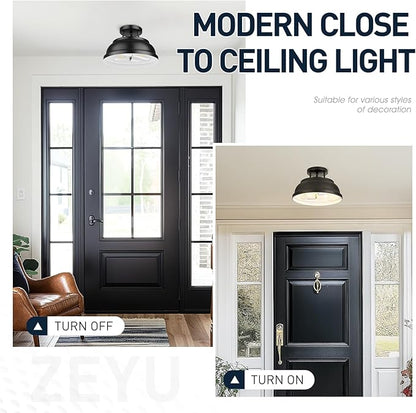 zeyu 12'' Industrial Semi Flush Ceiling Light, 2-Light Flush Mount Ceiling Lamp for Bedroom Dining Room, Metal Dome Shade in Black Finish, ZY29-F BK