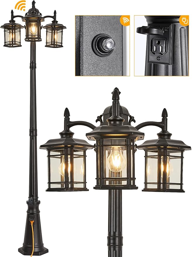 Dusk to Dawn Sensor Outdoor Post Light 82.7" H 3-Headed Post Lamp with Outlet E26 Pole Street Lantern 3 Light Outdoor Lamp Post Lights IP65 Waterproof Outdoor Street Light for Pole Garden