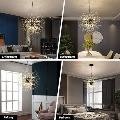 CM MZY Modern Crystal Chandeliers Firework, Matt Black Dandelion Sputnik Ceiling Light Fixtures, Sputnik Chandelier Pendant Light for Bedroom Living Room Dining Room Kitchen Island Hallway