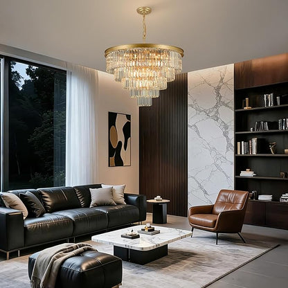 Crystal Chandeliers for Dining Room Lights Fixture Over Table, 20 Lights Gold Modern Chandeliers for Living Room, 5-Tier Round Crystal Lighting Fixtures for Bedroom Entryway Kitchen Island D30 Inch