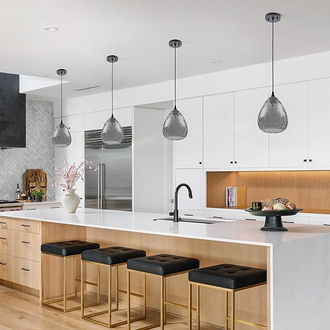 Smoked Hammered Glass Pendant Light with Matte Black Accent, Adjustable Hanging Lamp for Kitchen, Dining Room, and Living Room
