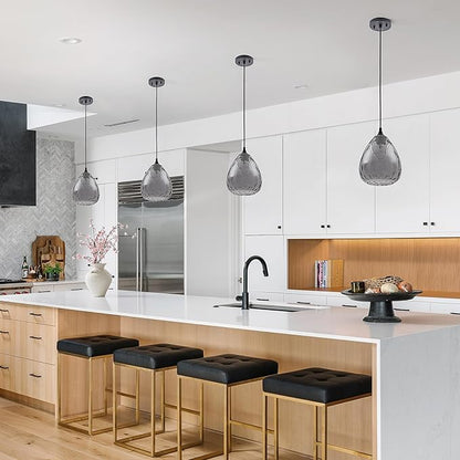 Smoked Hammered Glass Pendant Light with Matte Black Accent, Adjustable Hanging Lamp for Kitchen, Dining Room, and Living Room