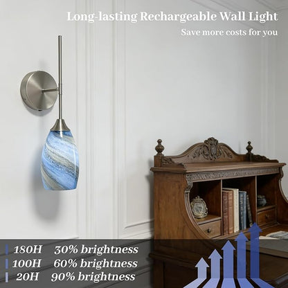 Brushed Nickel Wireless Battery Operated Wall Sconces Set of 2, Rechargeable Wall Light with Touch & Remote Control, Dimmable 3000K–6000K, Hand-Blown Glass Shade for Bedroom Living Room