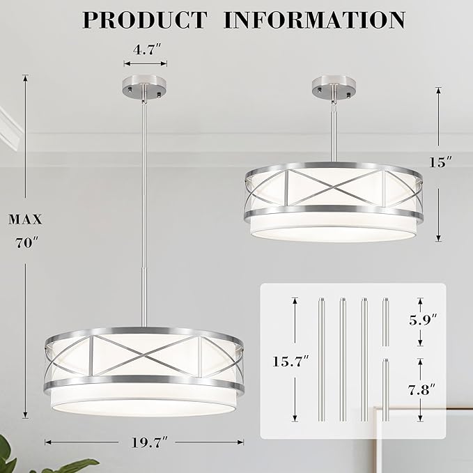 19.7'' Modern Brushed Nickel Drum Chandelier, 5-Light Modern Chandeliers for Dining Room Brushed Nickel Pendant Light with White Fabric Shade for Kitchen Living Room Entryway Bedroom