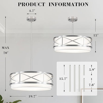 19.7'' Modern Brushed Nickel Drum Chandelier, 5-Light Modern Chandeliers for Dining Room Brushed Nickel Pendant Light with White Fabric Shade for Kitchen Living Room Entryway Bedroom