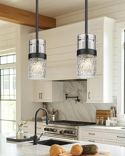 LMS Glass Pendant Lights Kitchen Island 2-Pack, Modern Black Pendant Light Set of 2 with Hammered Glass and Rods, Mini Hanging Lighting for Kitchen Island, Bathroom, Bedroom, LMS-201