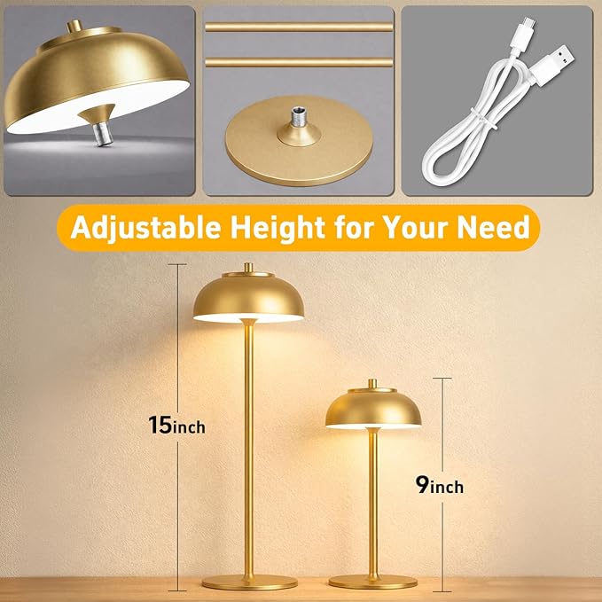 2 Pack Gold Led Cordless Table Lamps Rechargeable,Cordless Touch Lamp Battery Operated-Waterproof-for Outdoor Patio/Restaurants/Home/Dinner