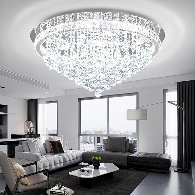 Dia 32" Modern Crystal Chandeliers for Dining Room,Silver Raindrop Chandelier Flush Mount Chandeliers for Living Room Bedrooms Dining Room Dimmable 2700k 4500k 6000k