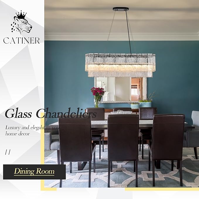 CATINER Black Rectangle Chandeliers for Dining Room Modern Crystal Glass Island Light 6-Light Chandelier Luxury Rectangular Linear Hanging Pendant Light Fixture for Kitchen L35.5”