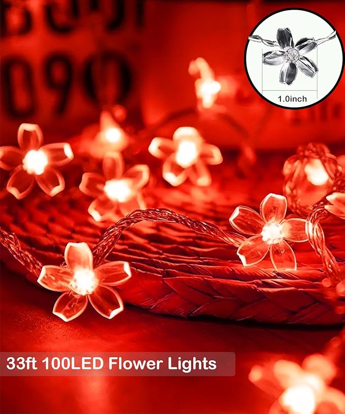 JACUXLSS Cherry Blossom Flower String Lights, 100 led 33 feet 8 Mode Plug in Fairy Lights for Valentine's Day, Wedding, Birthday Party, Christmas Easter Tree Hanging Decorations (Red)