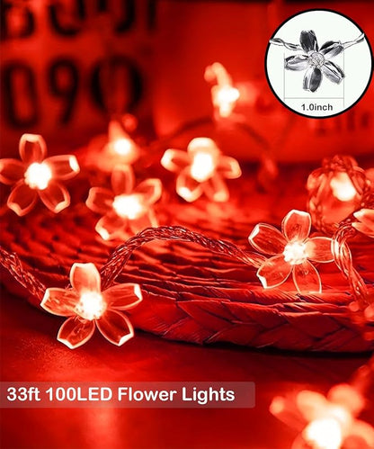 JACUXLSS Cherry Blossom Flower String Lights, 100 led 33 feet 8 Mode Plug in Fairy Lights for Valentine's Day, Wedding, Birthday Party, Christmas Easter Tree Hanging Decorations (Red)