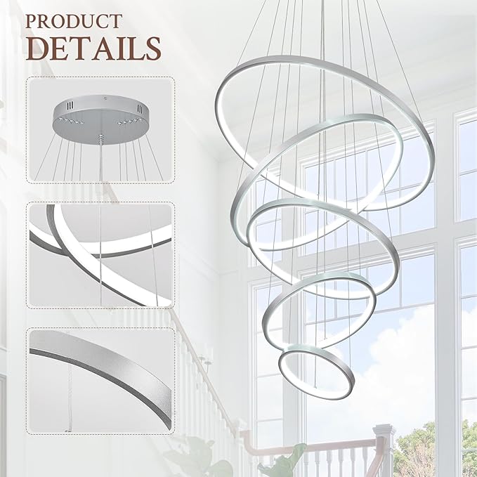 5 Ring Modern LED Chandelier Dimmable Silver High Ceiling Chandeliers for Foyer, LED Contemporary Large Pendant Lighting with Remote Control Circular for Living Room Staircase, 3000K-6500K