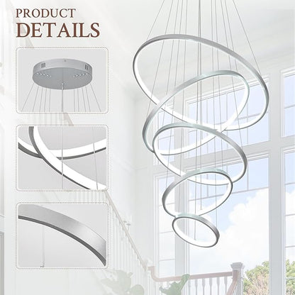 5 Ring Modern LED Chandelier Dimmable Silver High Ceiling Chandeliers for Foyer, LED Contemporary Large Pendant Lighting with Remote Control Circular for Living Room Staircase, 3000K-6500K