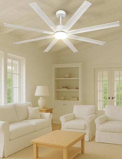Minislak 72 Inch Ceiling Fan with Light,Industrial Ceiling Fan with 8 White Aluminum Blades,Smart Fan Compatible with Alexa,Garage Outdoor/Indoor Fan for Patio and Living Room