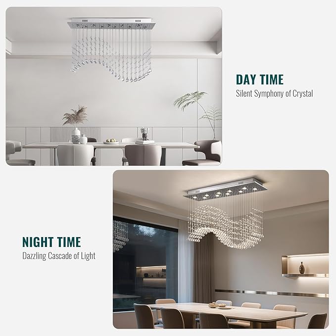 Siljoy Modern Wave Crystal Chandelier for Dining Room 10 Lights Luxury Rectangular Flush Mount Crystal Ceiling Light for Living Room Kitchen Island Length 40 Inch