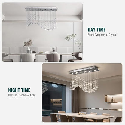 Siljoy Modern Wave Crystal Chandelier for Dining Room 10 Lights Luxury Rectangular Flush Mount Crystal Ceiling Light for Living Room Kitchen Island Length 40 Inch