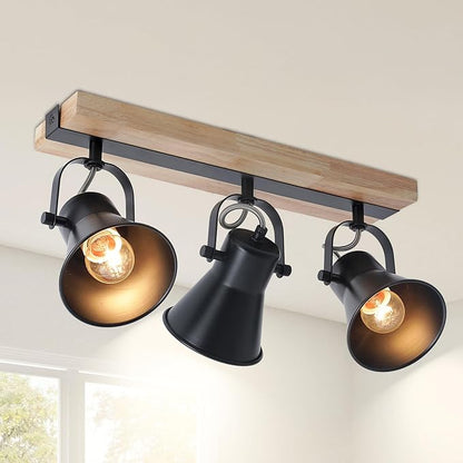 3-Lights Track Lighting Fixtures Ceiling，Farmhouse Wood Flush Mount Ceiling Light, Multi-Directional Kitchen Sink Light, Rustic Track Lighting for Kitchen Living Room, Dining Table, Foyer